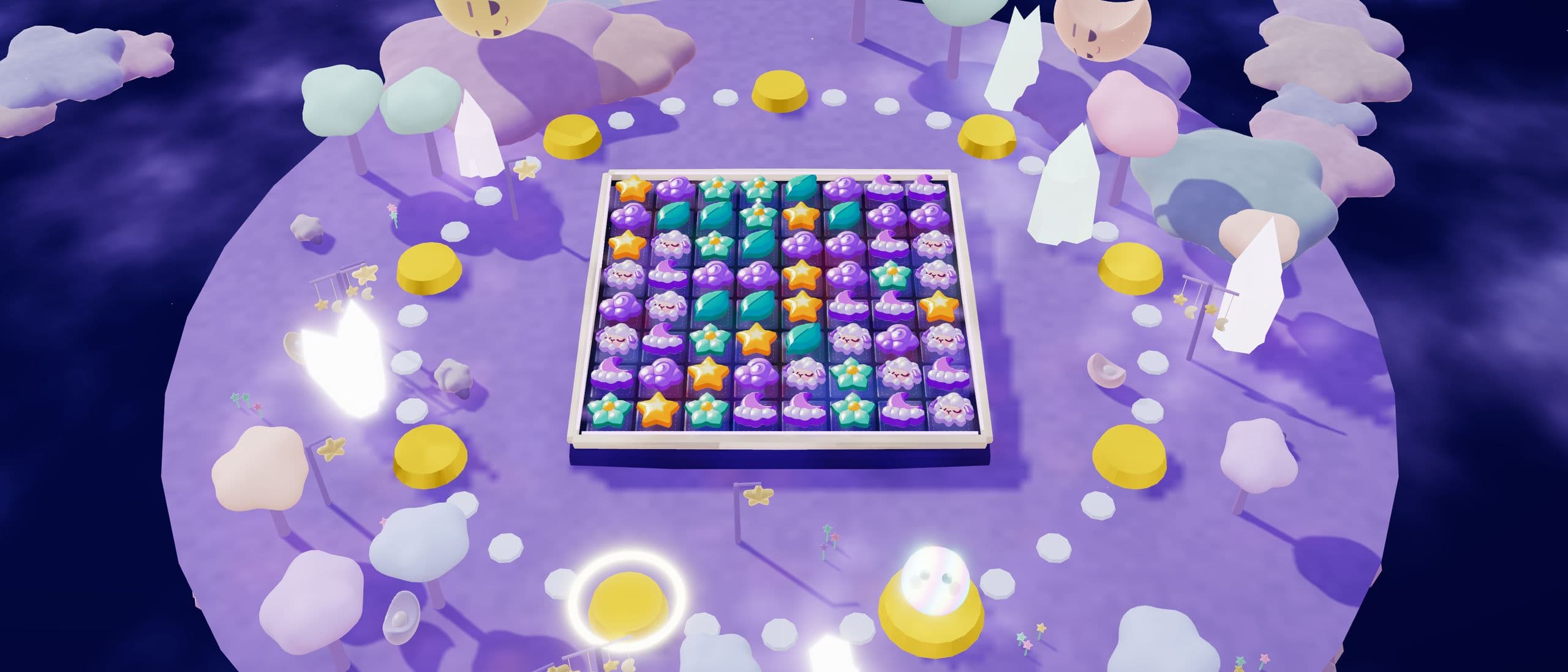The toy tray of Lullaby Skies on its lavender island, with cloud trees and golden stepping stones round the board