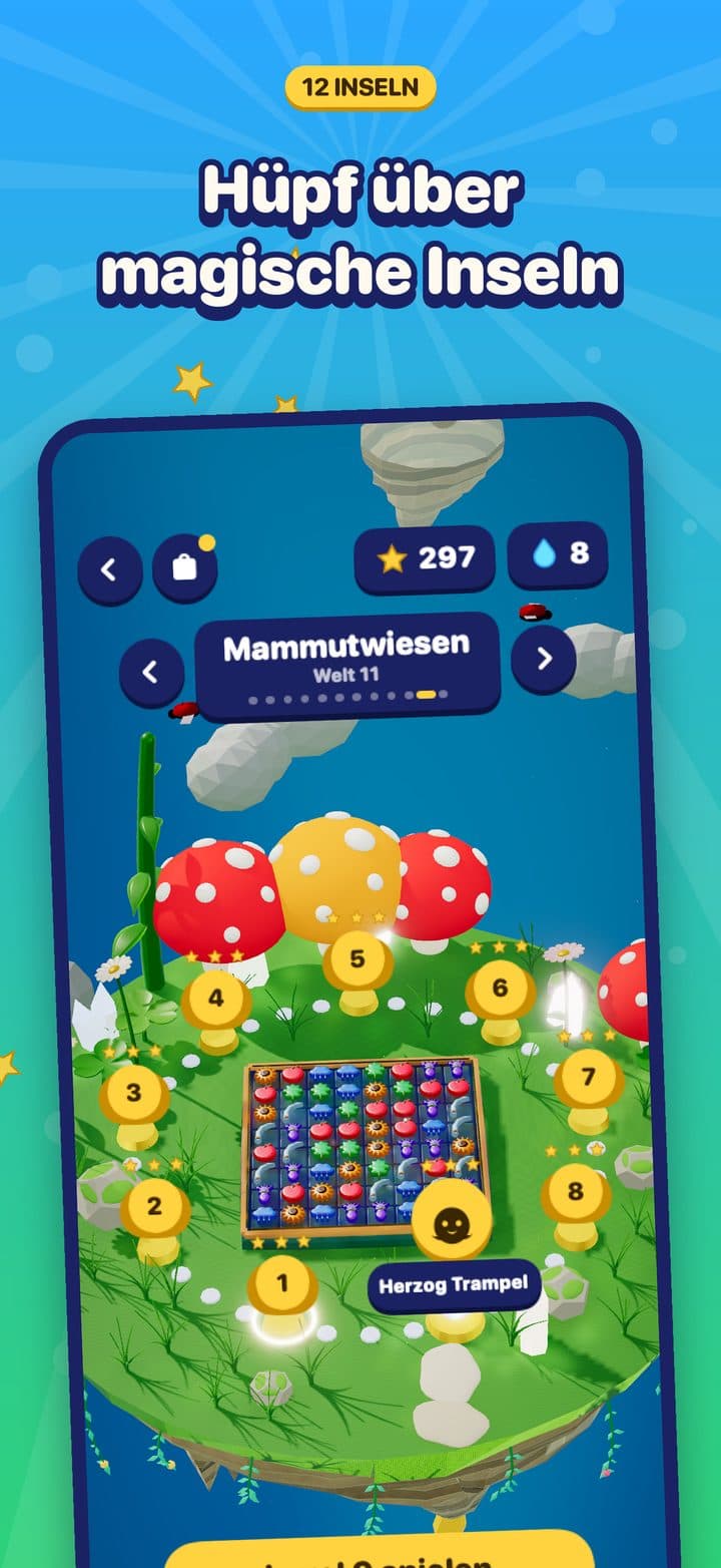 Die Karte der Mammutwiesen: neun goldene Sockel rund um das Tablett, riesige Fliegenpilze und Herzog Trampels Level