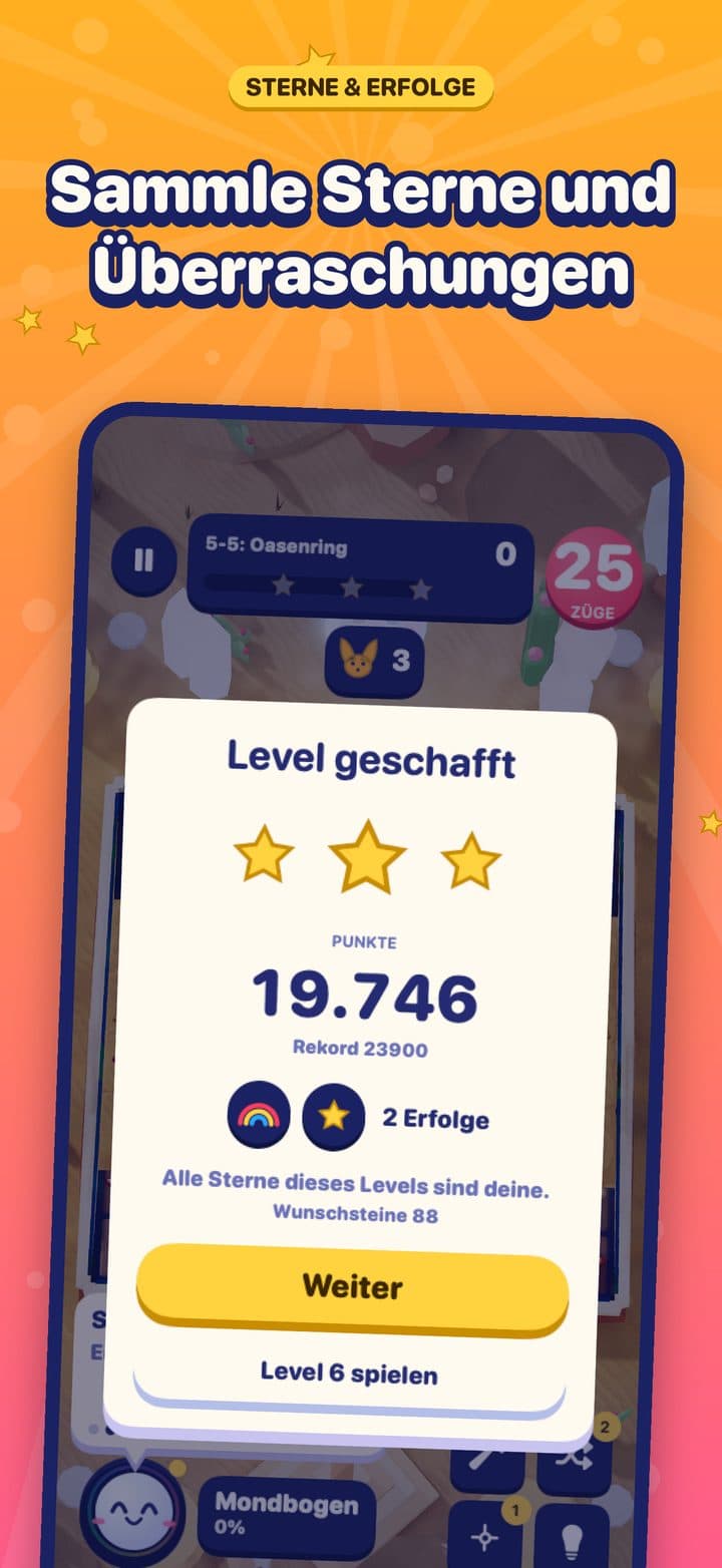 Die Level-geschafft-Karte auf Sonnensand-Dünen mit drei Sternen, 19.746 Punkten und zwei Erfolgen