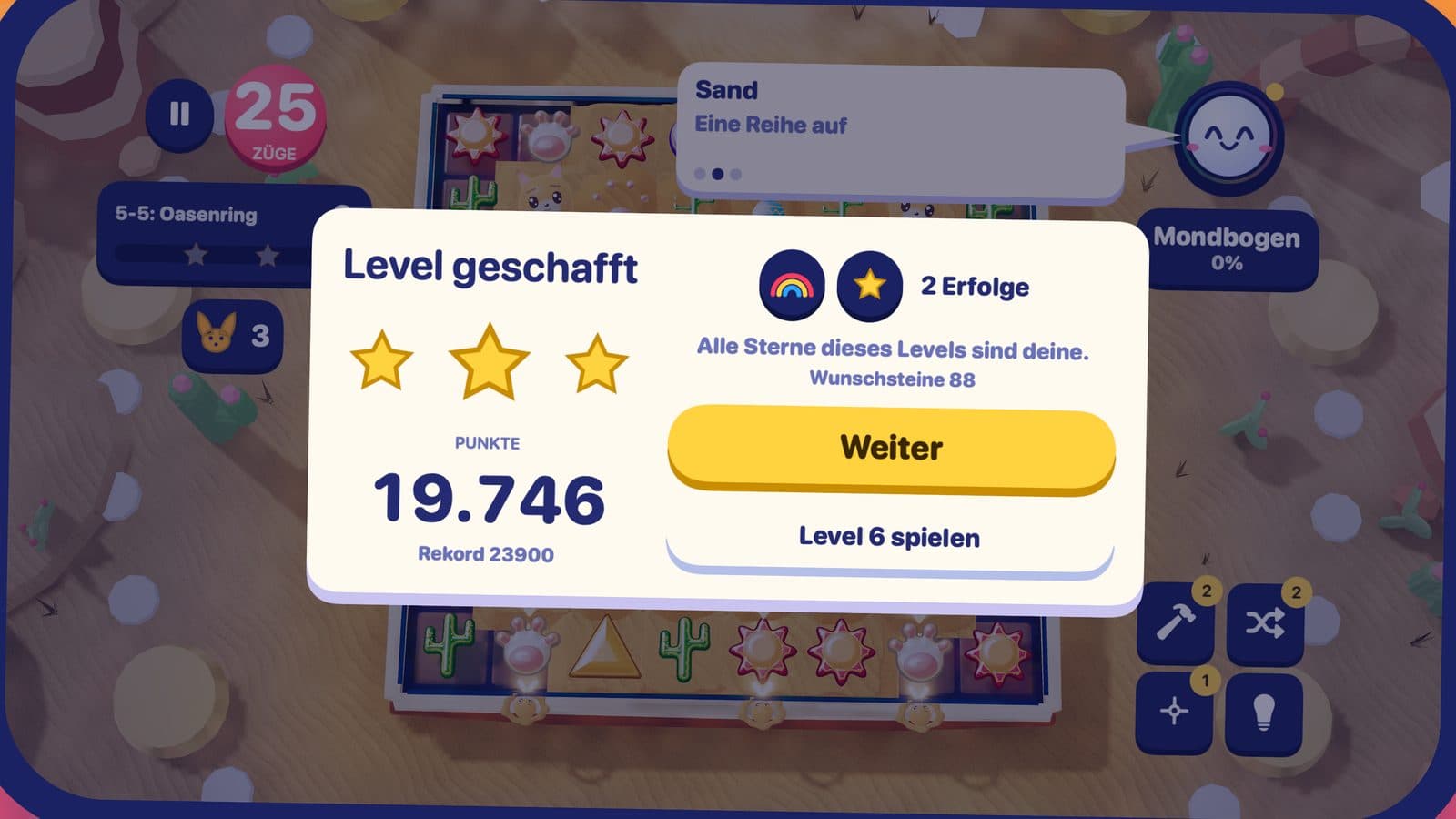 Die Level-geschafft-Karte auf Sonnensand-Dünen mit drei Sternen, 19.746 Punkten und zwei Erfolgen