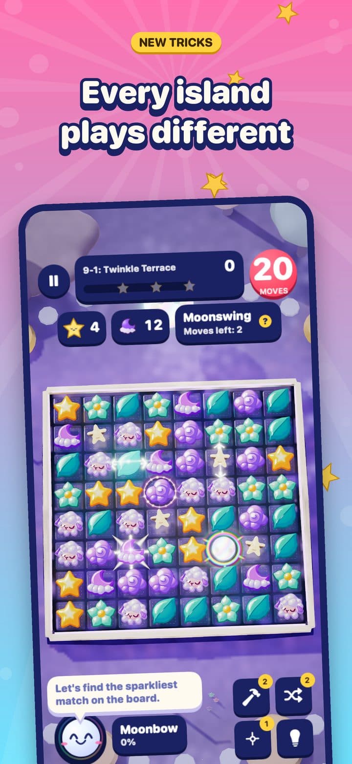 A stage on Lullaby Skies with clouds, twinkles and a Moonswing meter beside the tray