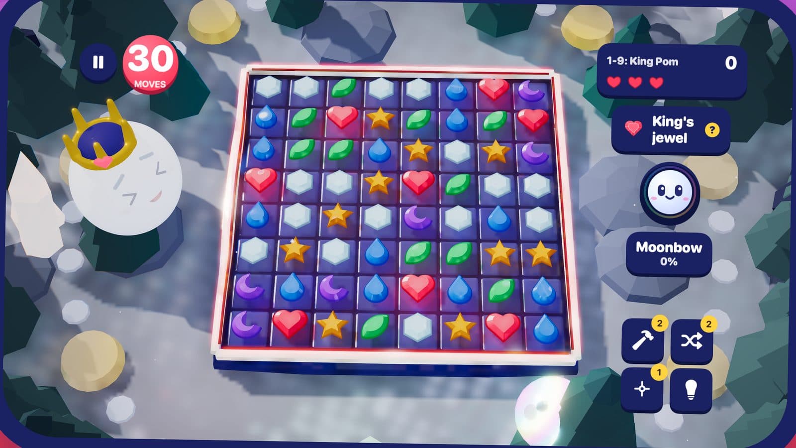 The boss fight against King Pom, a snowball in a crown, beside the tray of Boreal