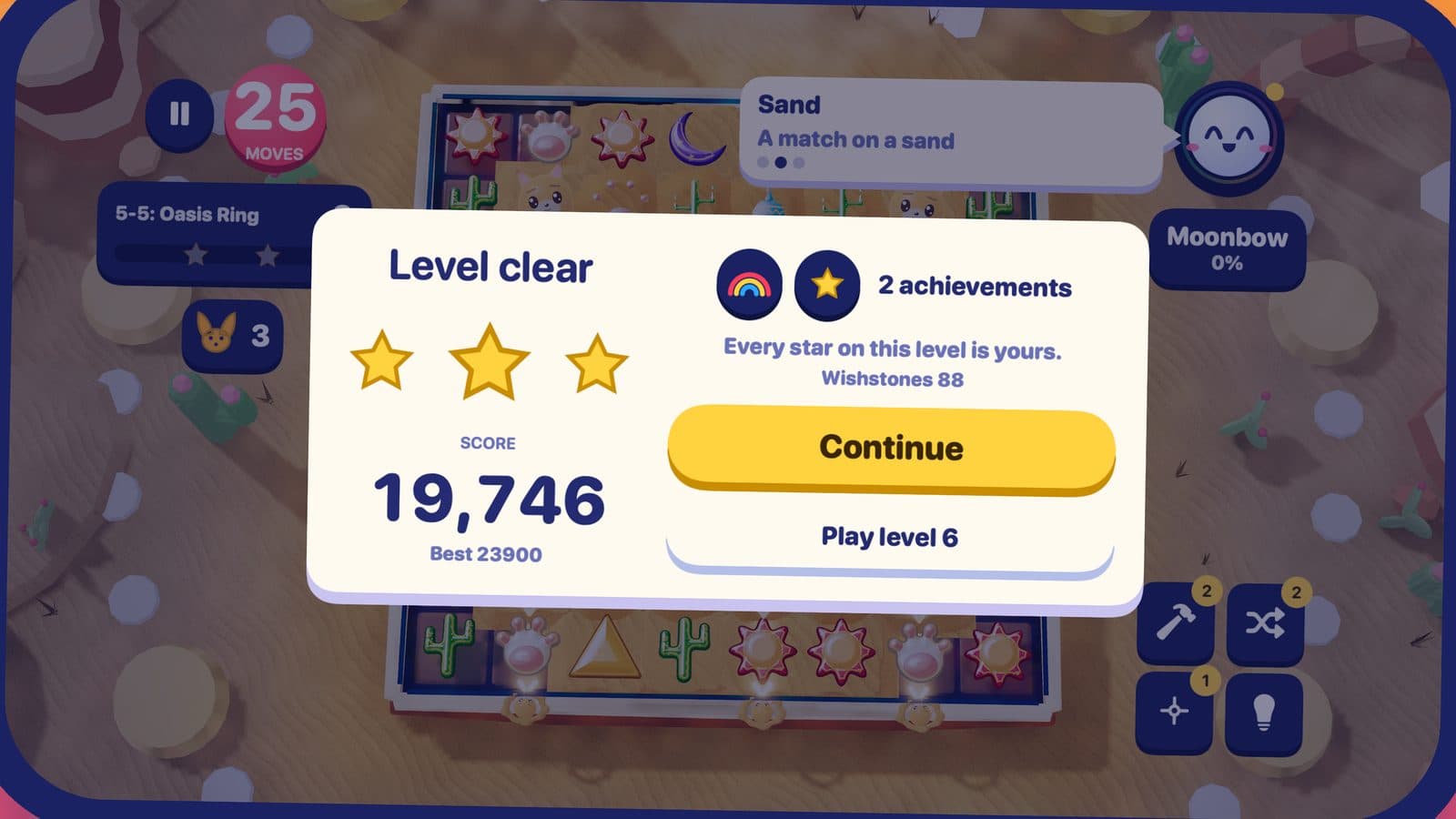 The level clear card on Sunsand Dunes with three stars, a score of 19,746 and two achievements
