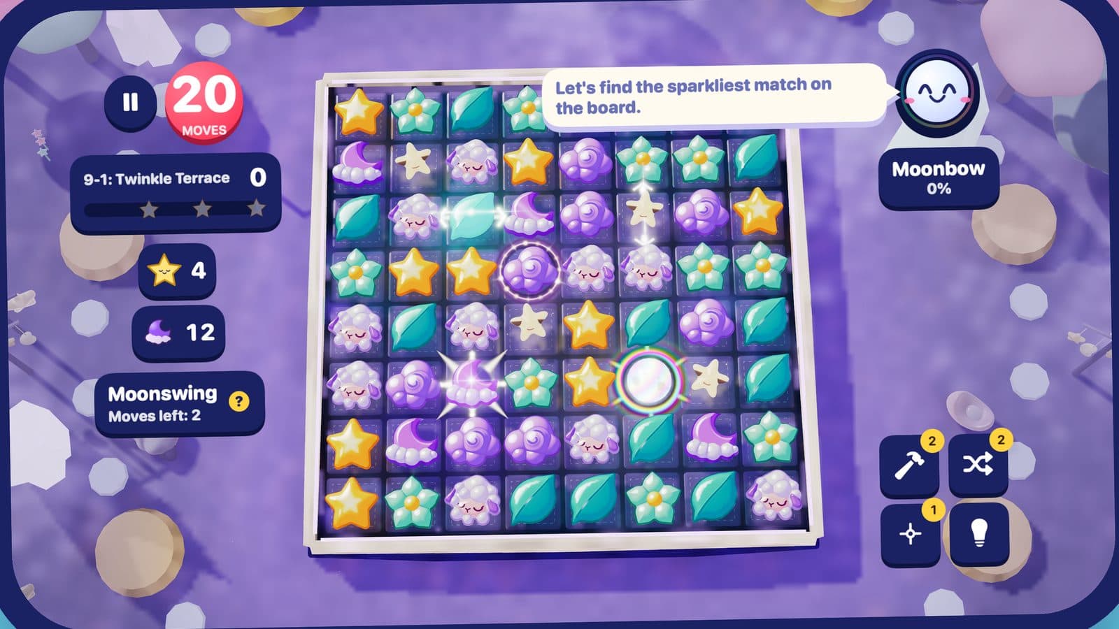 A stage on Lullaby Skies with clouds, twinkles and a Moonswing meter beside the tray