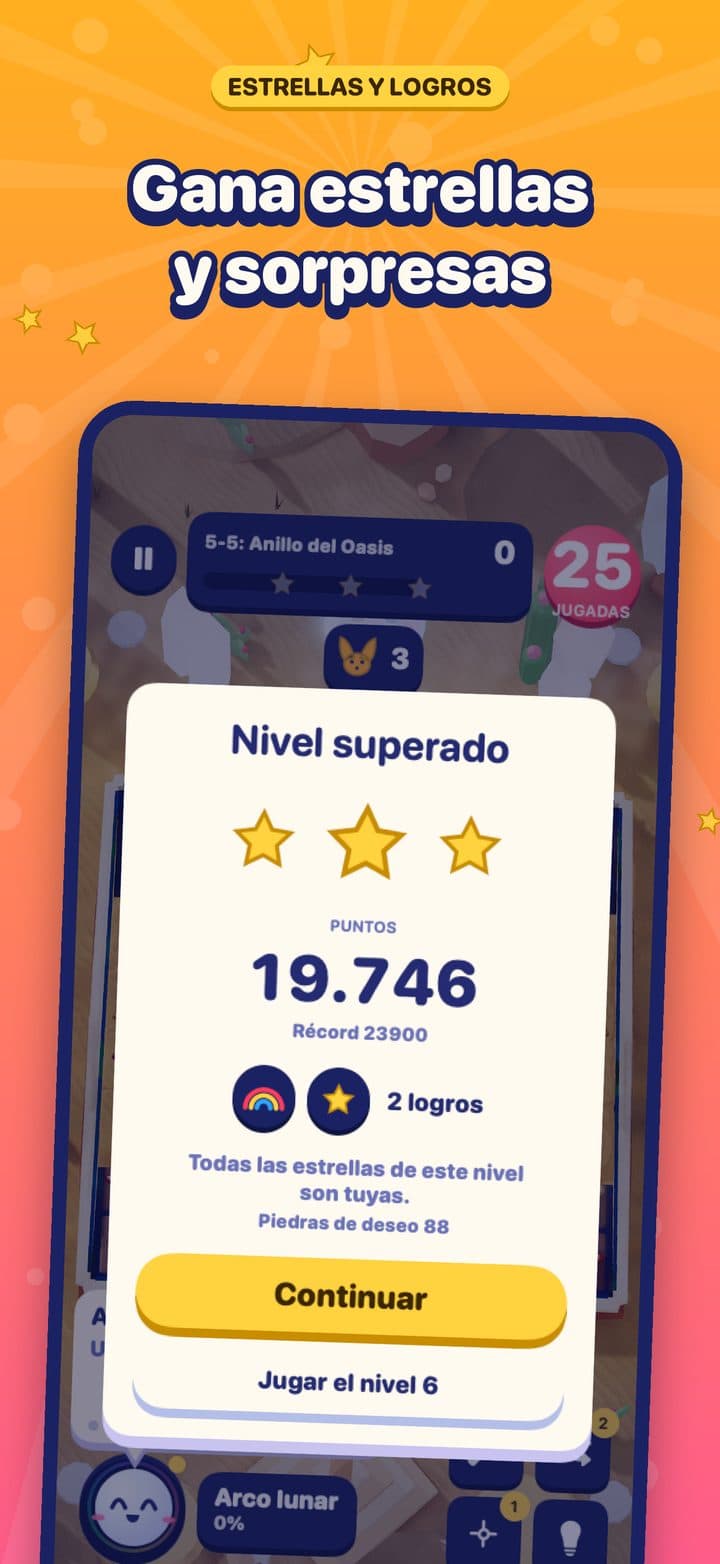 La tarjeta de nivel superado en Dunas de Solarena, con tres estrellas, 19.746 puntos y dos logros