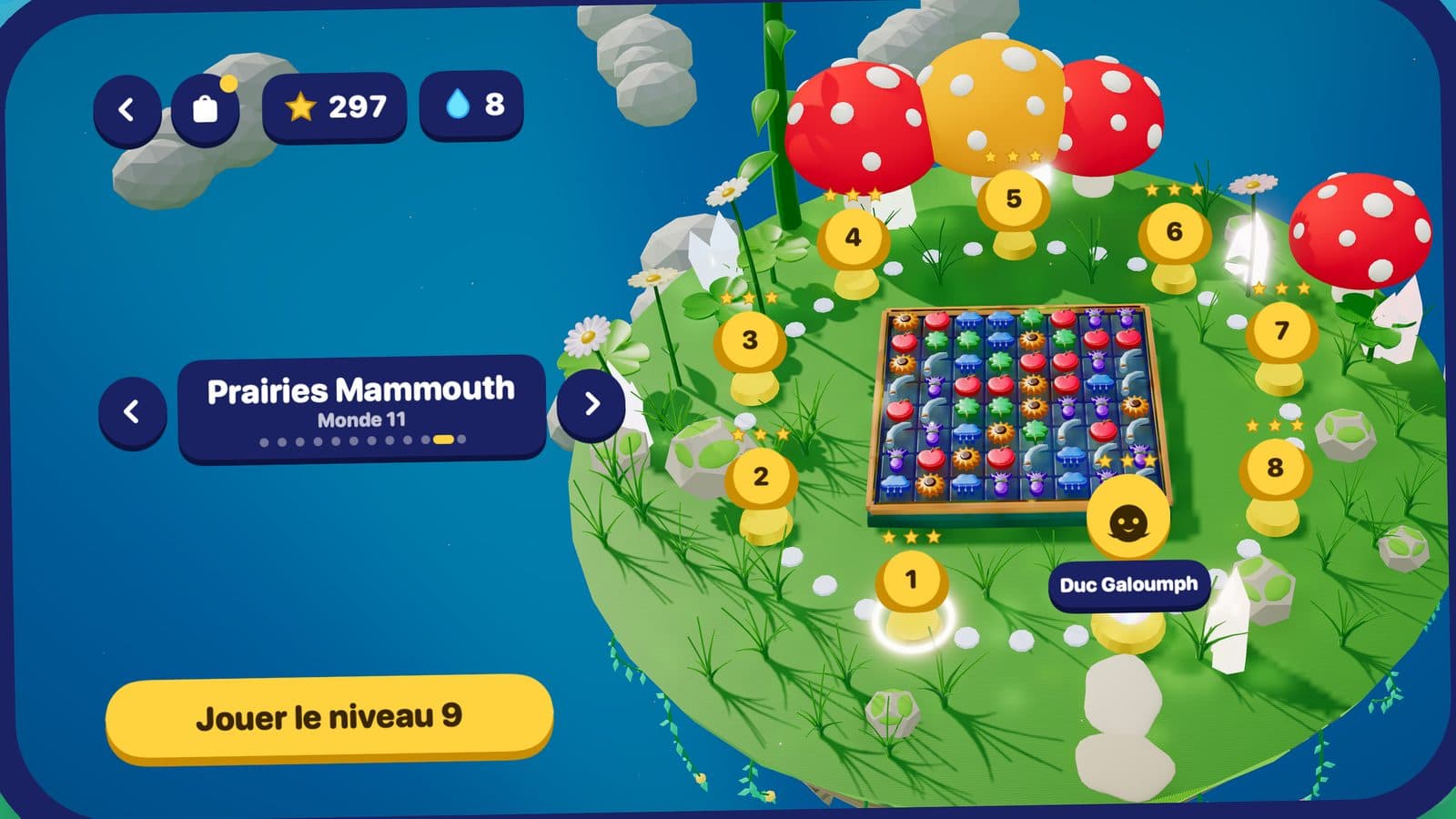 La carte de Prairies Mammouth : neuf piédestaux dorés autour du plateau, des champignons géants et le niveau du Duc Galoumph