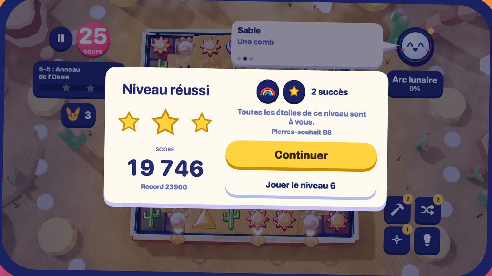 La carte de niveau réussi sur Dunes de Sable-Soleil avec trois étoiles, un score de 19 746 et deux succès