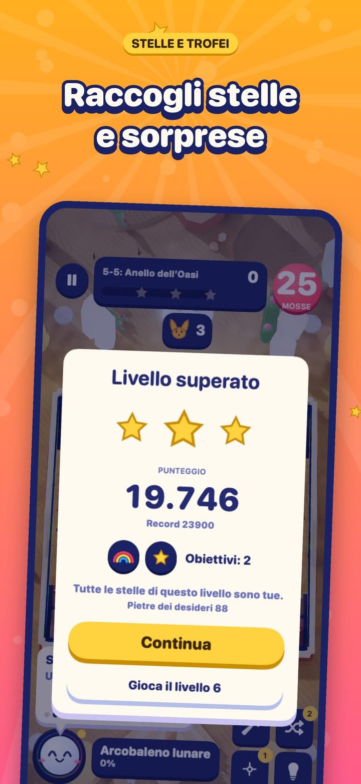 La scheda di livello superato di Dune di Solsabbia con tre stelle, un punteggio di 19.746 e due obiettivi
