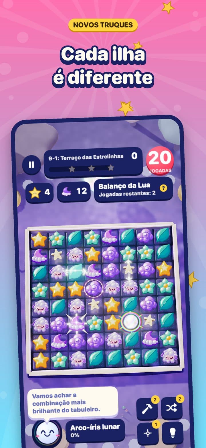 Uma fase em Céus de Ninar com nuvens, estrelinhas e um medidor de Moonswing ao lado do tabuleiro