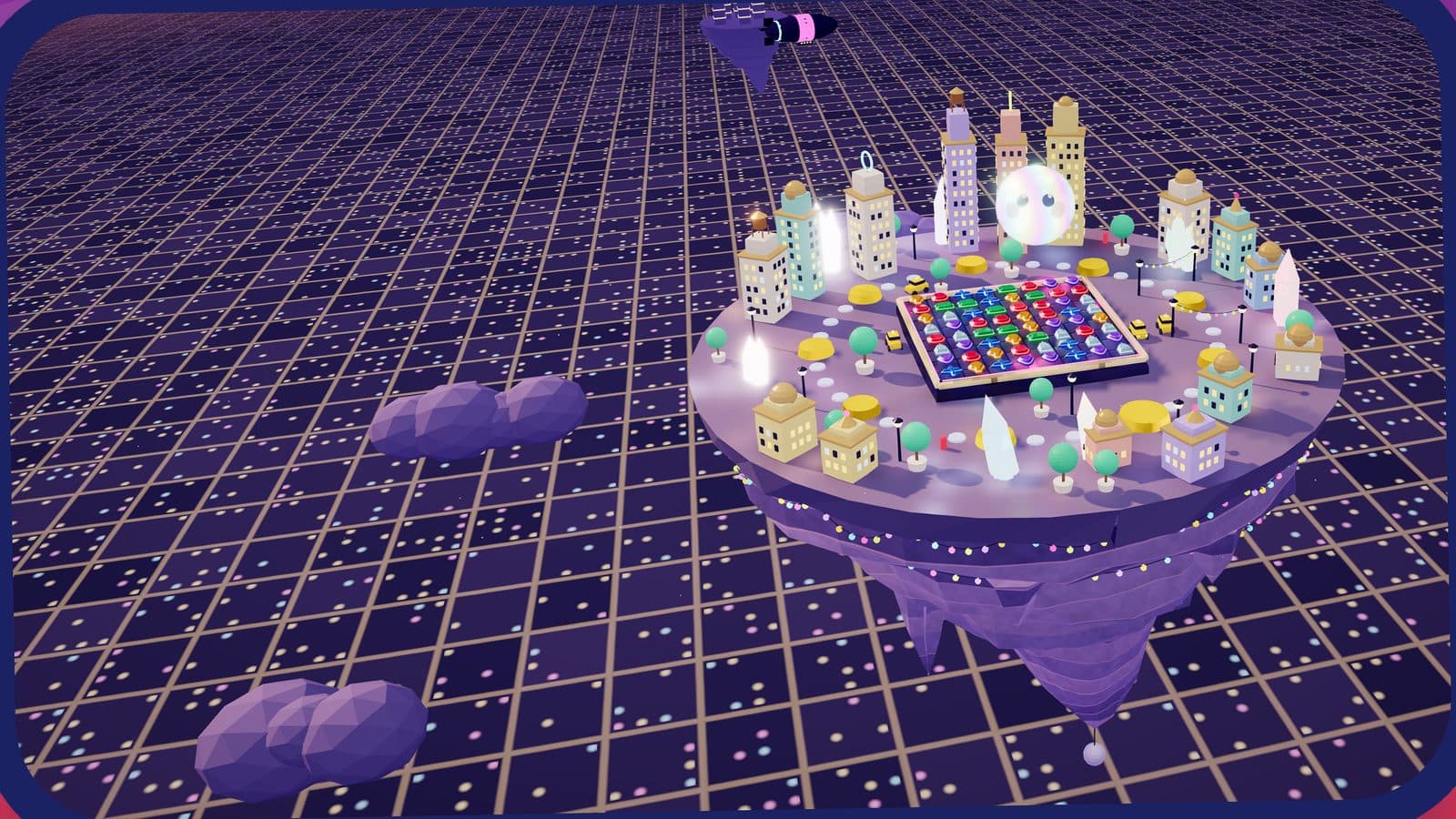 Alturas de Néon, uma cidade de brinquedos à hora azul, a flutuar sobre uma grelha luminosa