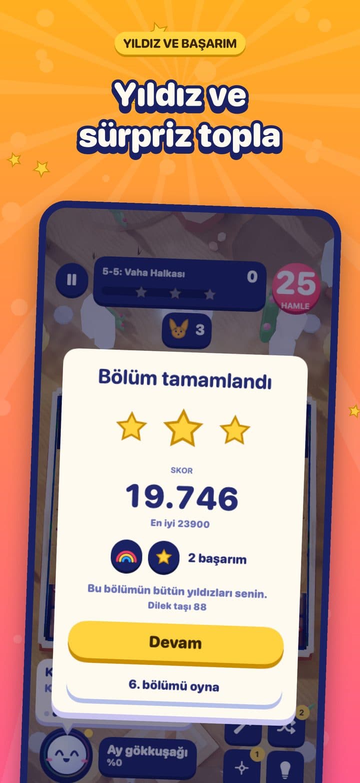 Güneşli Kumullar’da bölüm tamamlandı kartı: üç yıldız, 19.746 puan ve iki başarım