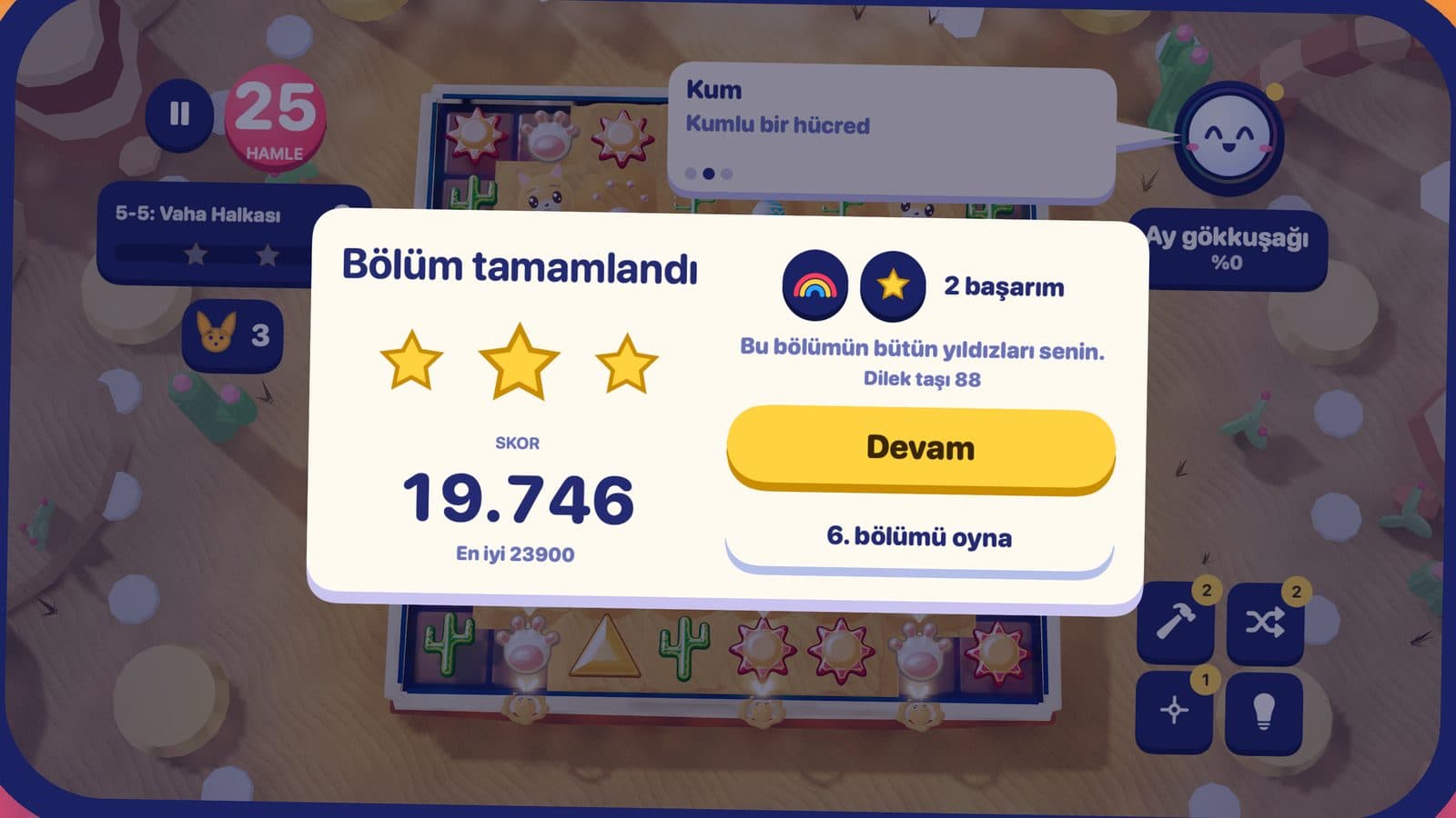Güneşli Kumullar’da bölüm tamamlandı kartı: üç yıldız, 19.746 puan ve iki başarım